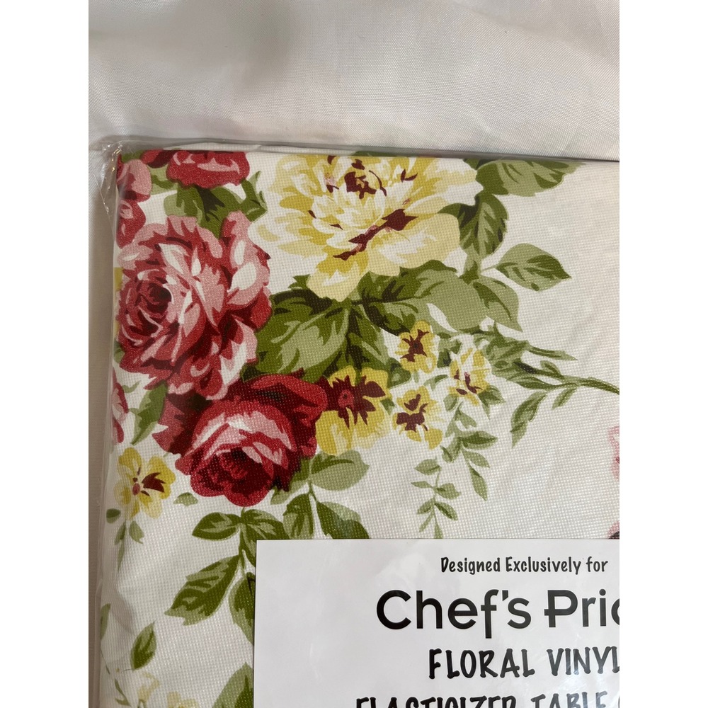 Chef's Pride‎ Floral Vinyl Elasticized Table Cover 48 Inch Round Red Yellow Rose - Picture 3 of 4